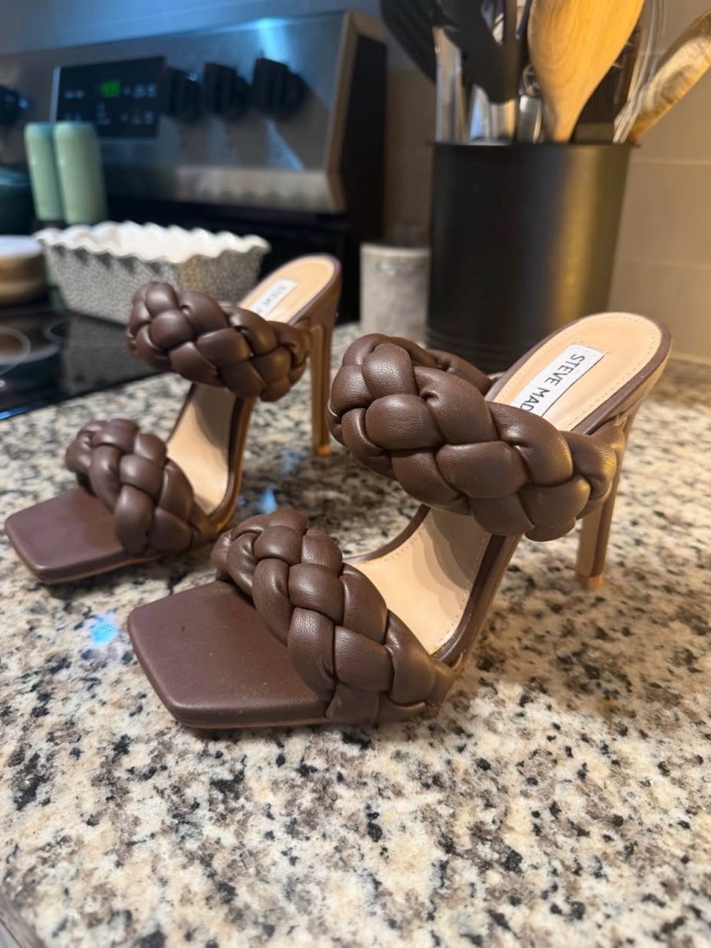 Steve Madden Brown Braided Double-Band Stiletto Sandals